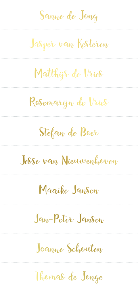 Naamkaartjes goudfolie trouwkaart menu labels namen goud