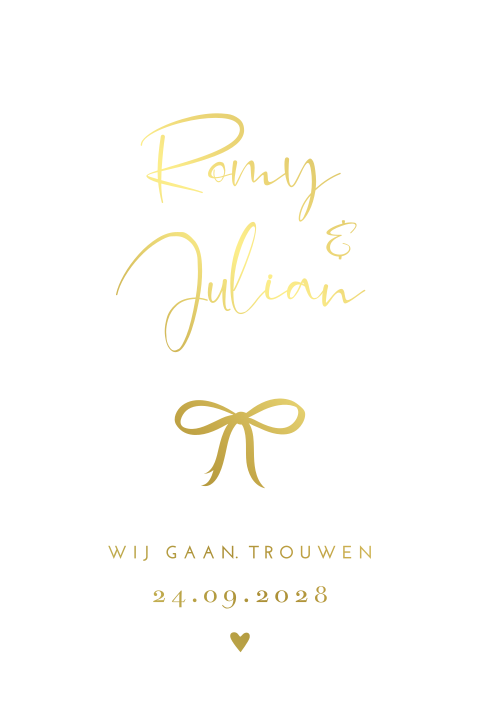 Trouwkaart modern strik goudfolie