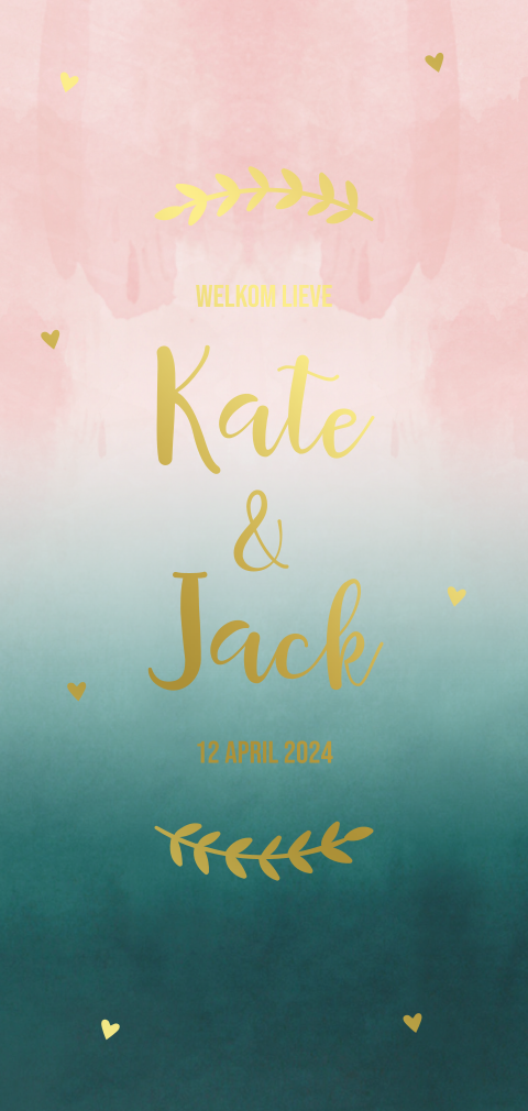 Geboortekaartje tweeling donkergroen met roze watercolor en goudfolie