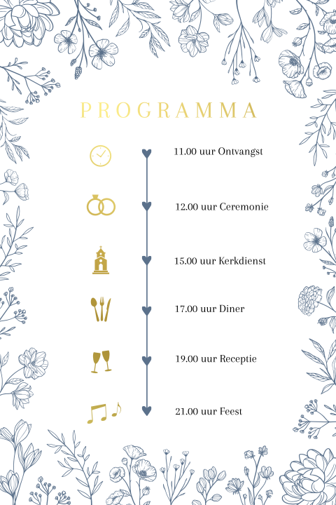 Dagprogramma trouwkaart klassiek bloemen blauw