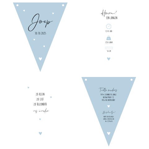 Geboortekaartje vlaggetjes jongen blauw met hartjes