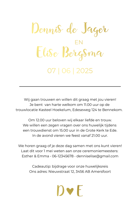 Mioderne pocketfold trouwkaart inlegkaart met goudfolie