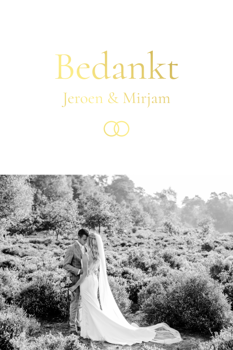 Bedankkaart bruiloft foto klassiek ringen goudfolie