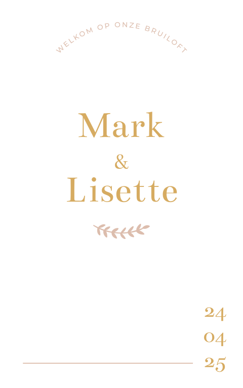 Welkomstbord bruiloft boogvorm goud takje roze