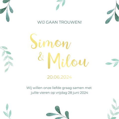 Trouwkaart pocketfold inlegkaart botanisch takjes goudfolie