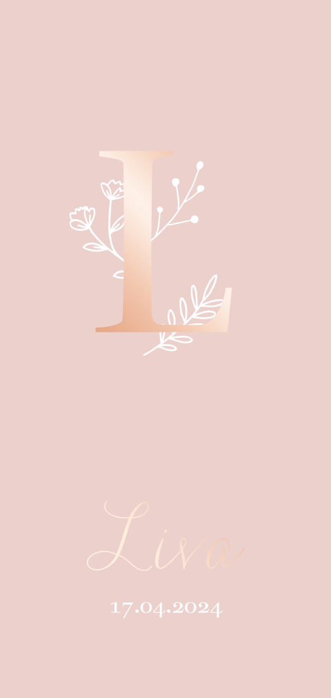 Geboortekaartje meisje lichtroze rosefolie met letter, takjes & bloemen