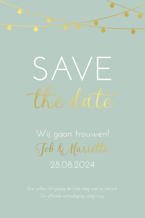 Save the date kaart mintgroen met slinger lampjes en goudfolie