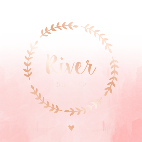 Geboortekaartje meisje met roze watercolor achtergrond en olijftakjes