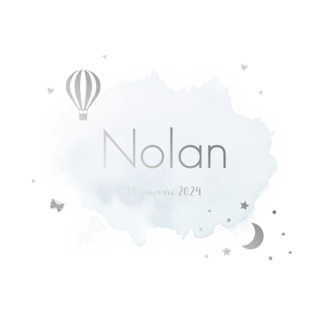 Watercolor geboortekaartje jongen zilverfolie ballon hartjes maan