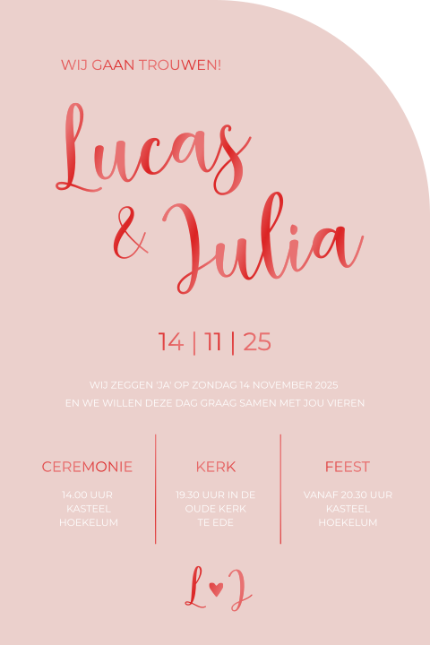 Trouwkaart vorm stans boog roze rood hoogglans modern