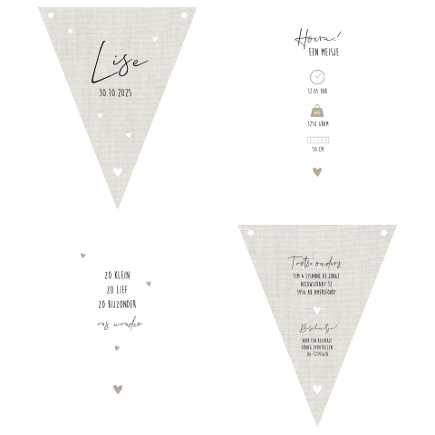 Geboortekaartje vlaggetjes neutraal linnen hartjes