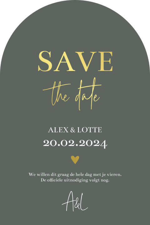Save the date kaart stans vorm boog met goudfolie