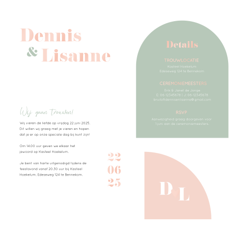 Trouwkaart labelkaart boogvorm modern pakketje peach mint kleur