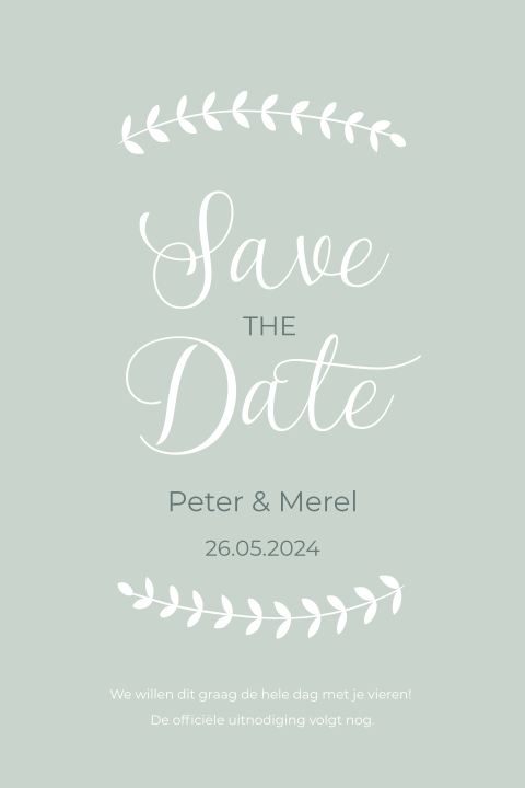 Save the date kaart mintgroen met krans takjes