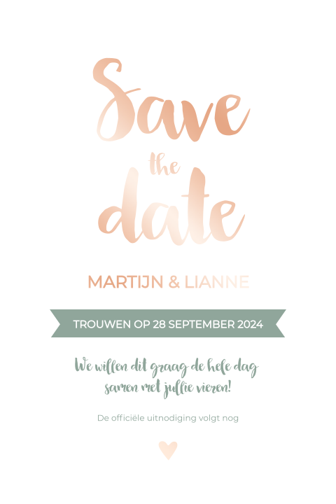 Save the date kaart groen met rosefolie