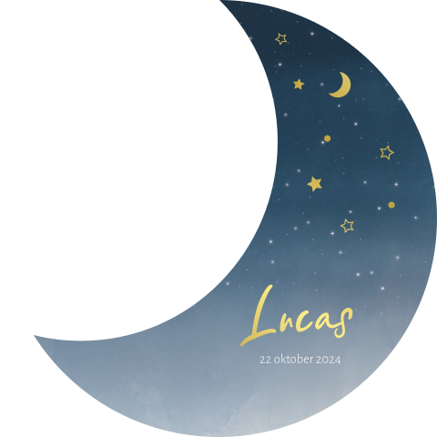 Geboortekaartje jongen stans vorm maan met sterren en goudfolie