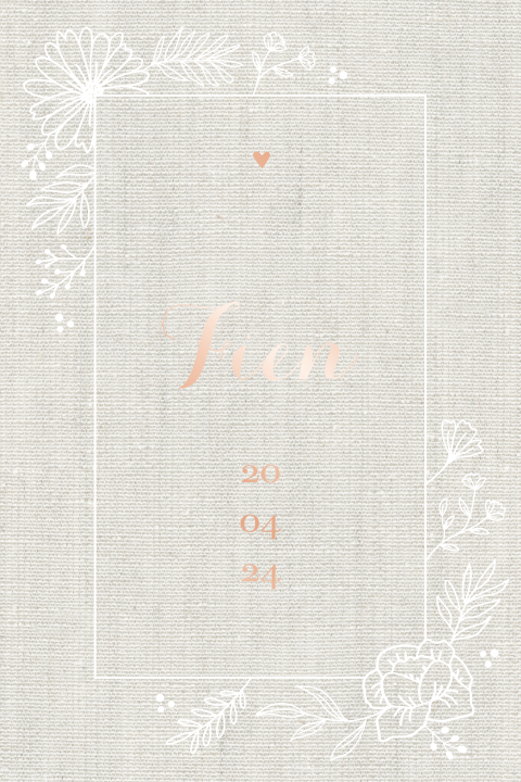 Geboortekaartje meisje linnen look met bloemen & rosefolie