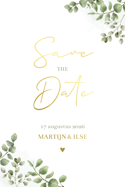 Save the date kaart eucalyptus takjes goudfolie klassiek