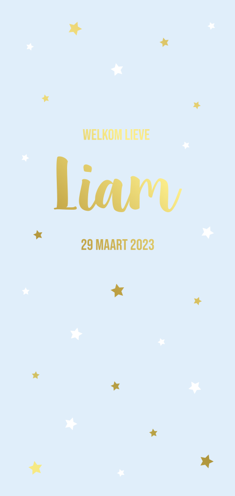 Geboortekaartje jongen lichtblauw met goudfolie sterren