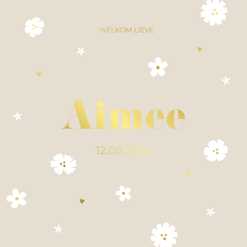 Geboortekaartje meisje beige bloemen goudfolie