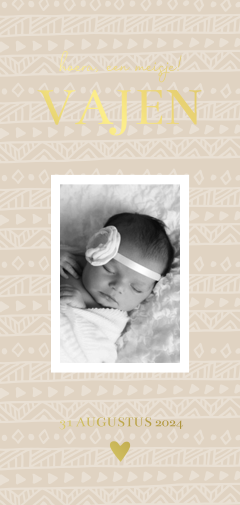 Geboortekaartje meisje met etnisch patroon goudfolie foto neutraal