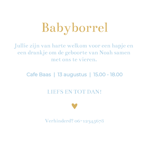 Kraamfeest uitnodiging babyborrel Noah klassiek wit blauw
