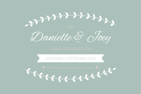 Trouwkaart mintgroen met krans witte takjes