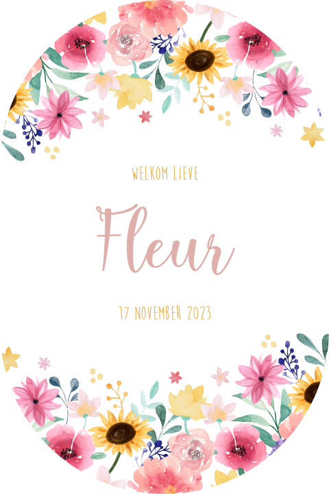 Geboortekaartje meisje stans vorm ovaal met watercolor bloemen