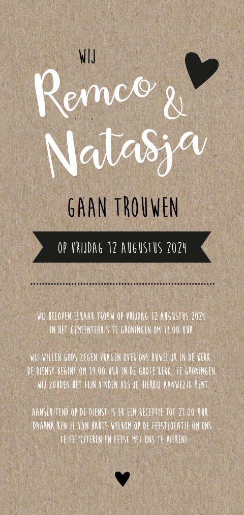 Trouwkaart kraftpapier modern ronde hoeken banner