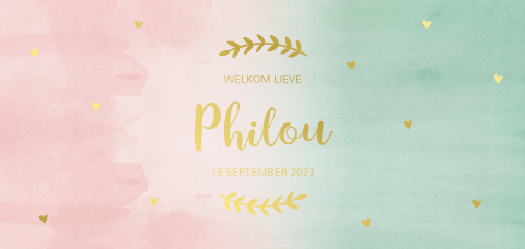 Geboortekaartje meisje met goudfolie, watercolor mintroze