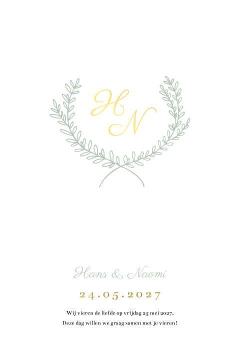 Trouwkaart feestgasten krans takjes goudfolie Green Elegance