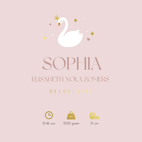 Geboorteposter meisje roze zwaan goudfolie - Sophia