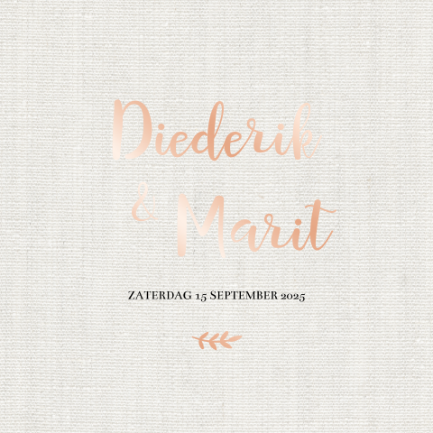 Trouwkaart linnen achtergrond sierlijke rosefolie letters