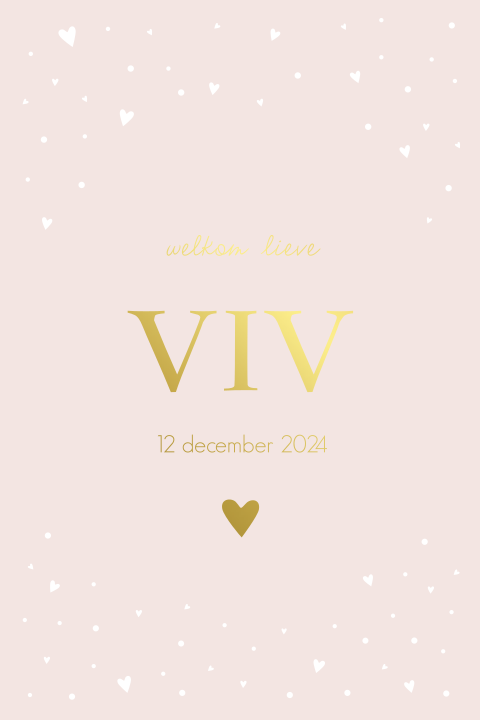 Geboortekaartje meisje lichtroze met witte hartjes en goudfolie