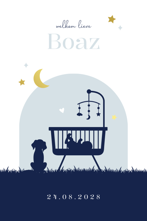 Geboortekaartje jongen wiegje silhouetten goudfolie