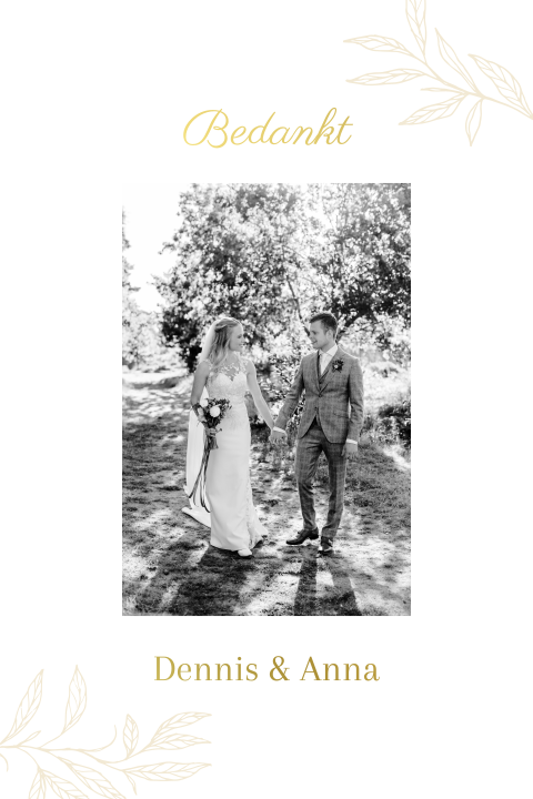 Bedankkaart bruiloft klassiek goudfolie blaadjes foto