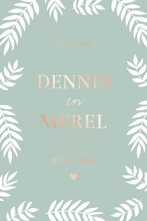 Trouwkaart botanisch mintgroen takjes rosefolie