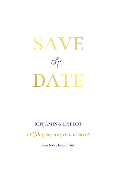 Save the date kaart donkerblauw goudfolie chique