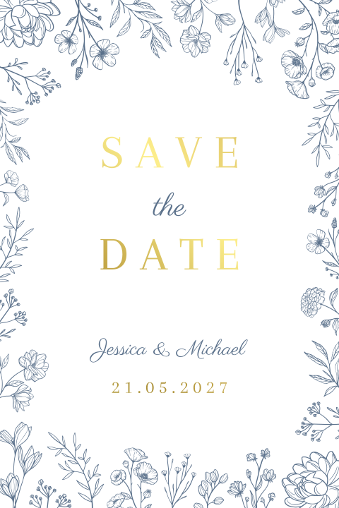 Save the date klassiek bloemen blauw