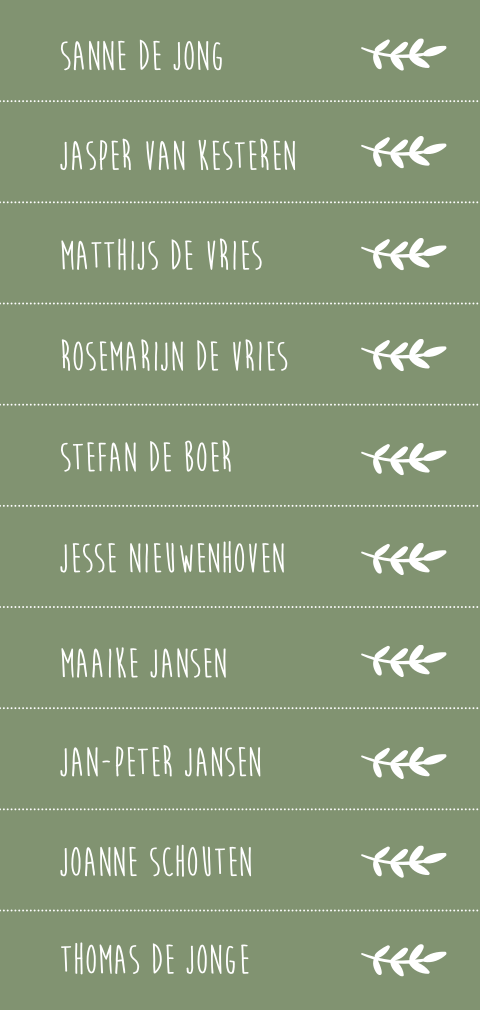 DIY-naamkaartjes in olijfgroene kleur met olijftakjes