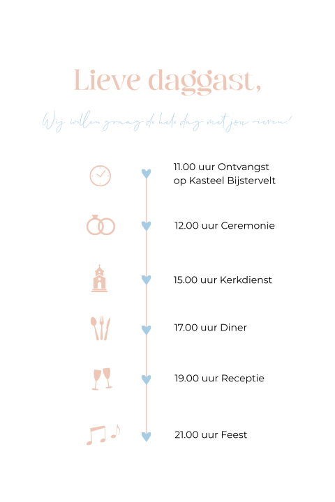 Dagprogramma bruiloft modern tijdlijn peach