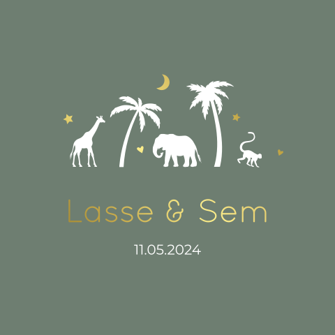 Geboortekaartje tweeling tropisch met dieren, palmbomen en goudfolie