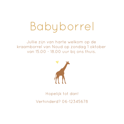 Kraamfeest uitnodiging babyborrel Noud wit roestbruin giraffe