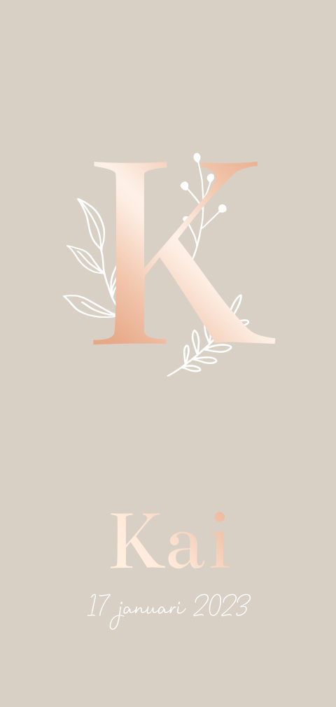 Geboortekaartje met letter en takjes neutraal rosefolie