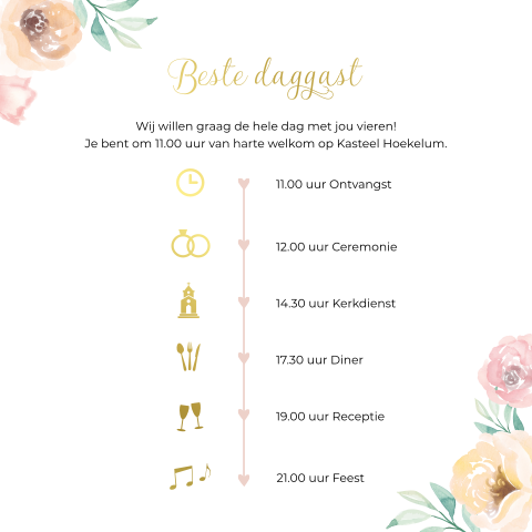 Trouwkaart pocketfold inlegkaart watercolor bloemen goudfolie