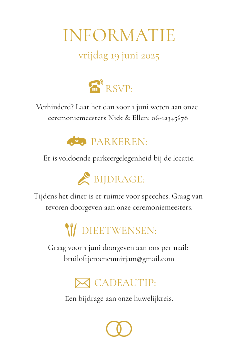 Details extra informatie trouwkaart icoontjes goudkleur
