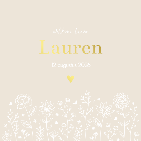 Geboortekaartje meisje romantisch beige met bloemen en goudfolie