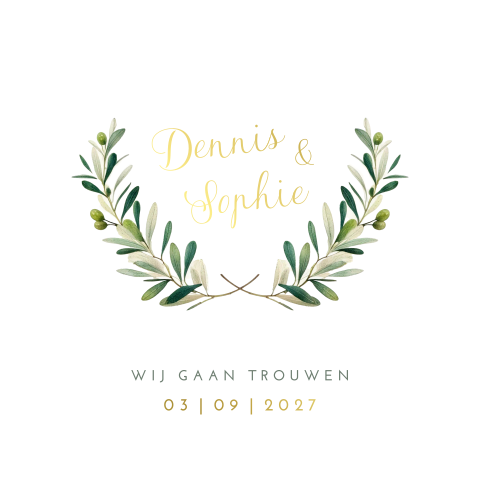 trouwkaart olijftak krans romantisch goudfolie