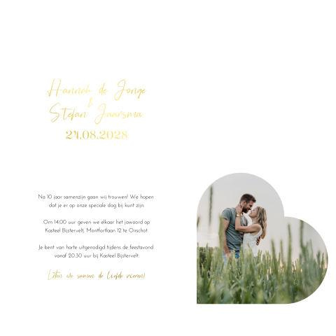 Trouwkaart stapelkaart foto romantisch goudfolie