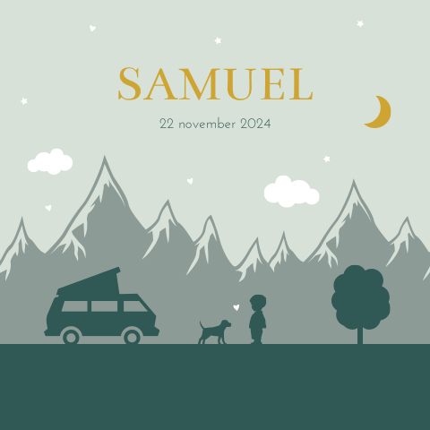 Geboortekaartje jongen met camper, bergen en sterren